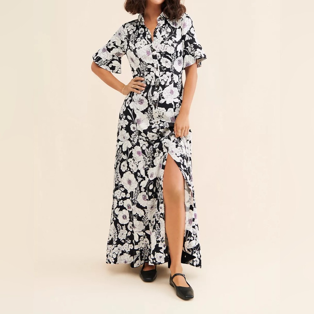 Maeve Printed‎ Flower Short-Sleeve Maxi Shirt Dress Size XS